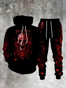 Halloween Skull Series 3D Digital Print Sportswear Set, Fashion Men's Hoodie, Long Sleeve Fitted Top, Fall & Winter New Arrival, Athleisure Sportswear Set