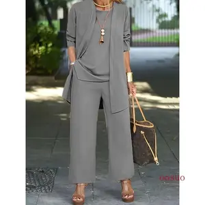 Chic Solid Three-Piece Outfit Set - Comfy Long Sleeve Cardigan, Versatile Top & Sleek Pants - Everyday Casual Wear for Women Suits Womenswear