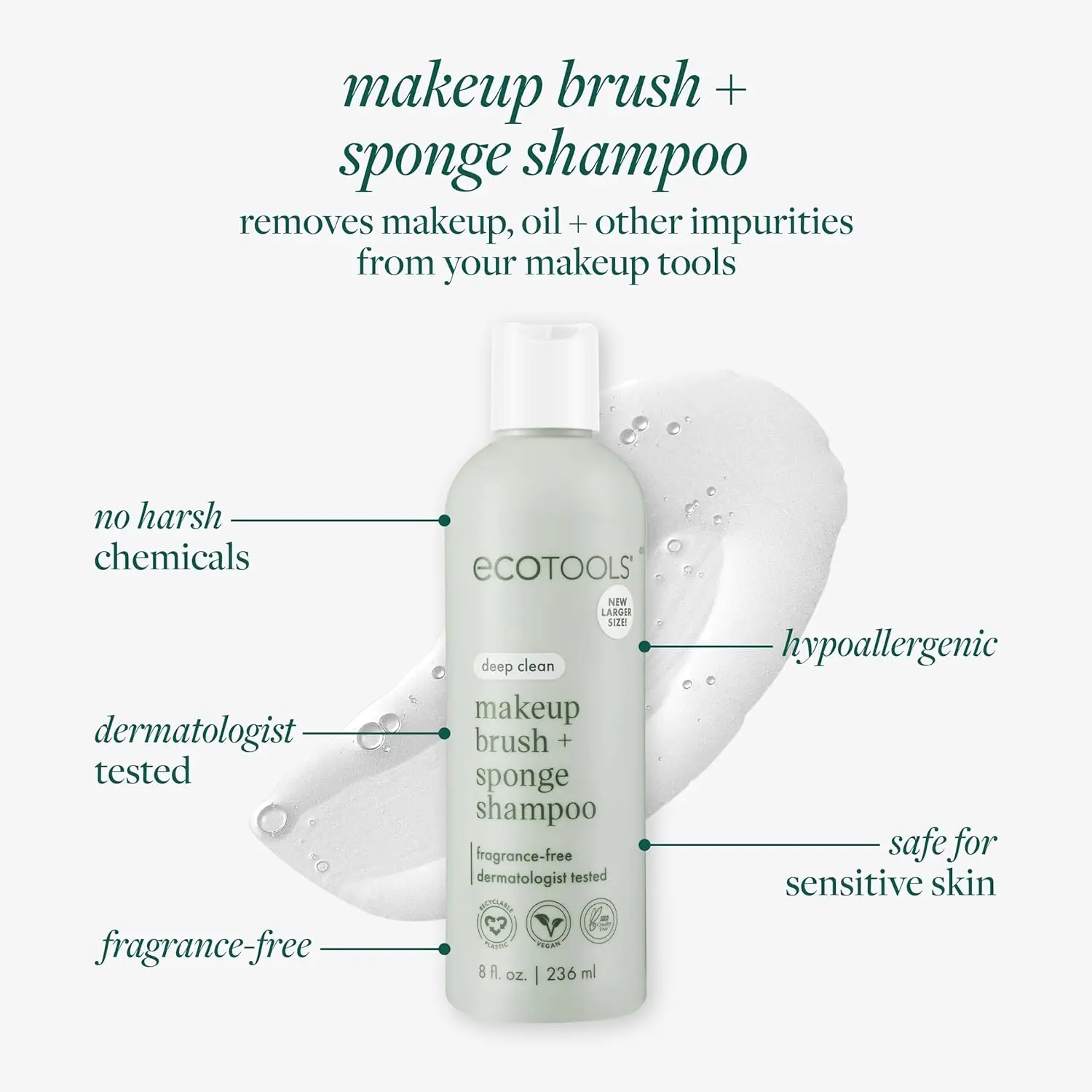 EcoTools XL Makeup Brush & Sponge Shampoo Fragrance-Free Dermatologist Tested 16 fl oz 473 ml Hypoallergenic Cruelty-Free Vegan for Sensitive Skin