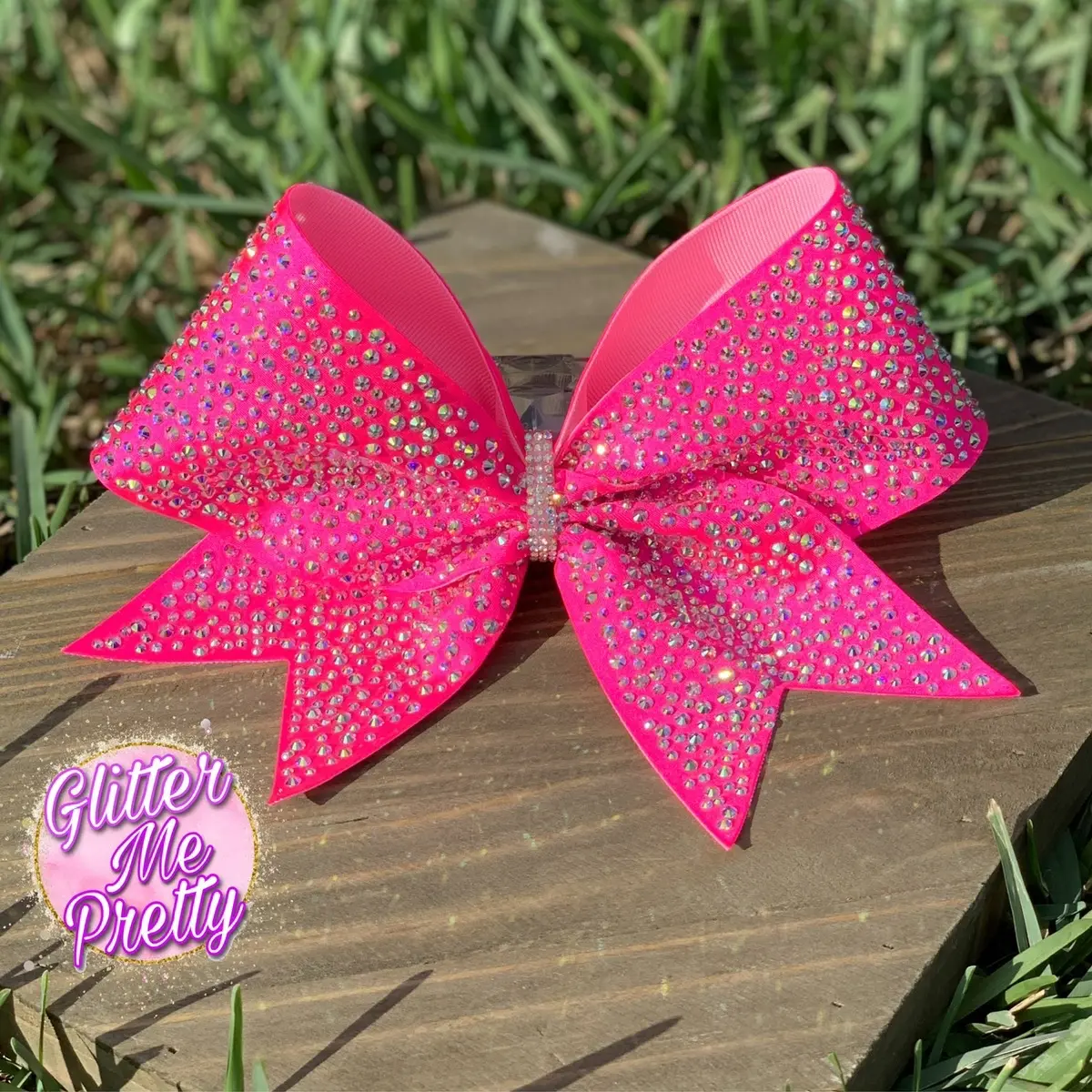 Cheer Bow Rhinestone Neon Pink