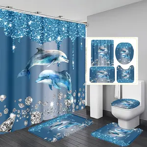 Dolphin Diamond Glitter Pattern Polyester Insulated Bathroom Curtain Shower Curtain Set, Includes 12 Hooks, Bath Mat, U-Shaped Mat, Round Toilet Lid Pad
