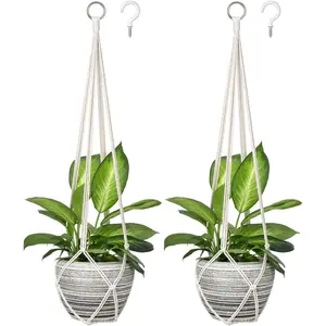 Macrame  Hanger Indoor  Planter Basket  Woven  Rope Flower Pot Decorative Crochet  Holder Stand for Boho  Decor No Tassels,35 Inch,Set of 2