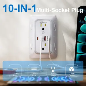 Multi-Functional Wall Charger Adapter With 6 Ac Outlets & 4 USB Charging Ports (PD 30W),3-Sided 1050J Surge Protector Power Strip Wall Outlet Extender Ideal for Home Office Dormitory