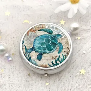 Sea Turtle Pattern Round Pill Box, 1 Piece 3 Grid Mini Decorative Pocket Purse, Portable Travel Medicine Tablet Vitamin Holder Organizer, Supplement Organizer, Medical Organizer, Healthcare