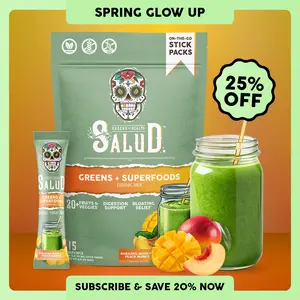 Salud 2-in-1 [Greens + Superfoods – Peach Mango] Daily Greens Drink Mix, Agua Fresca, Gut Health & Bloating Support, Probiotics & Prebiotics, Vegan, Non-GMO, Easy-to-Drink Greens Powder (15 Servings), Spring Glow Up
