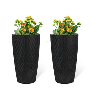 Set of 2 22-in Black Faux Rattan Tall Planters, Outdoor/Indoor Large Succulent Pots with Water Level Monitor, Inner Bucket & Automatic Watering for Garden, Patio, Succulent Pot