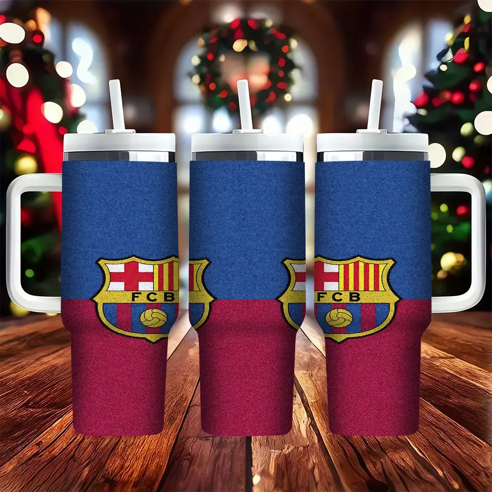 1pc FCB team emblem in red and blue matte pattern, 40oz stainless steel insulated cup, handle ice cup, Reusable Thermos Cup, Insulated Tumbler Mug, suitable for hot and cold beverages, ideal for outdoor camping, a gift cup for football fans