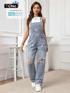 Women's Plain Pocket Ripped Denim Overall Jumpsuit, Casual Adjustable Strap Button Straight Leg Overalls for Daily Wear, Ladies Clothes for All Seasons, Casual Comfy Overalls, Casual Style Jumpsuit