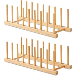 2 Pack Bamboo Wooden Dish Rack-Plate Pot Lid Cutting Board Organizer Holder Rack for Cabinet-Kitchen Cabinet Organizer for Dish, Pots, Lids, Bowls, Bottles, Books, and Puzzle