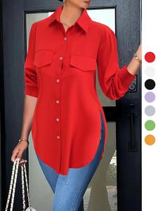 women's basic button front longsleeves split hem shirt, summer clothes women, casual work clothes, minimalist long sleeve collared top, clothes for women, going out tops, womenswear, tops for women everyday