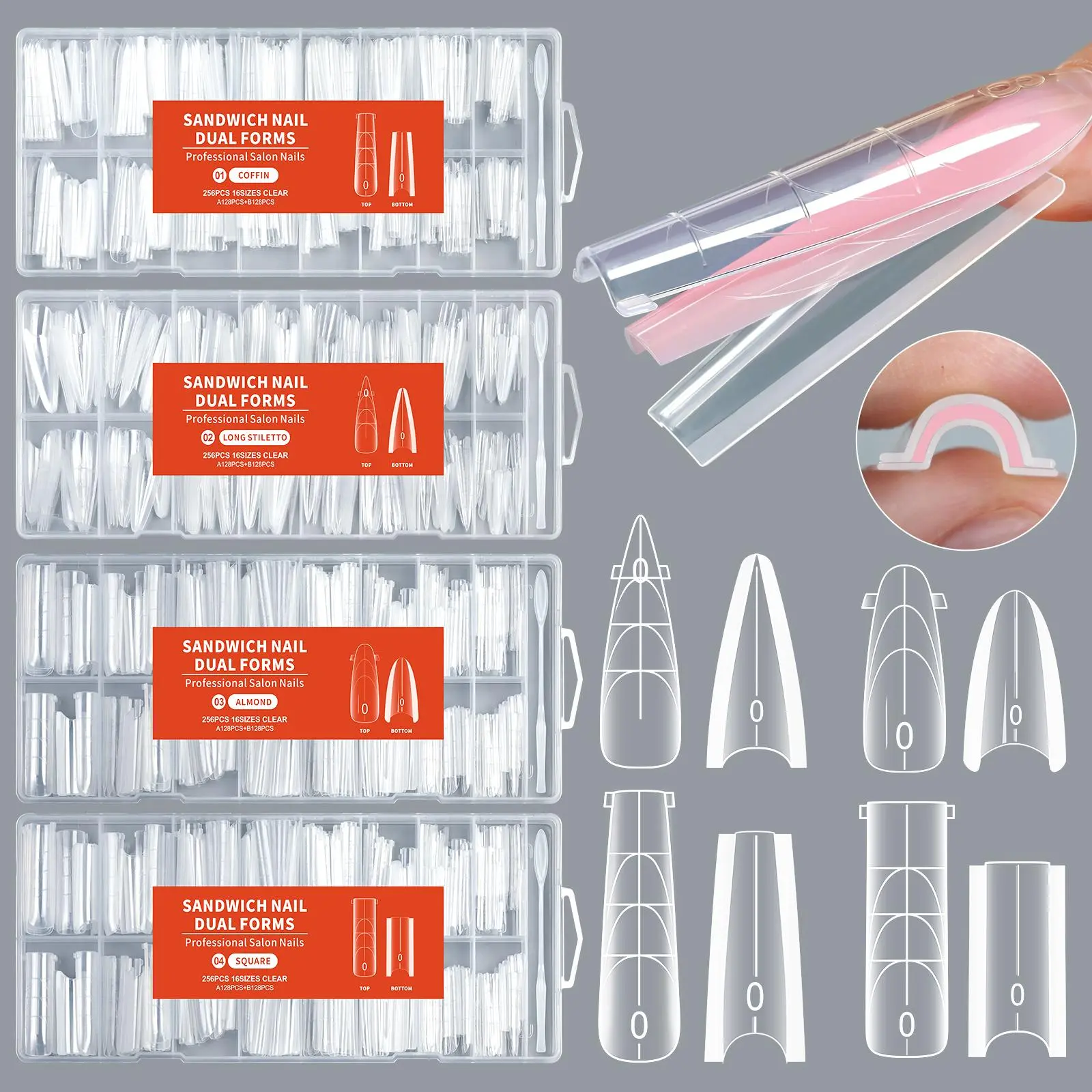 256Pcs Sandwich Nail Dual Extension Quick-Building Gel Form 128Pcs Top Mold & Bottom Mold Full Cover Acrylic Nail Extension Form