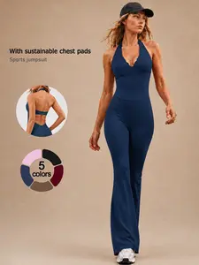 Women's Yoga Jumpsuit, Yoga Workout Jumpsuits, Halter Neck Sleeveless Open Back Sports Jumpsuit High Elastic Soft Comfortable Removable Padded Breathable Lace Flared Jumpsuit Butt Lifting Tummy Control Gym Pilates Fitness Jumpsuit