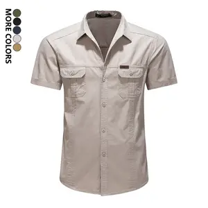 Men’s short-sleeve work shirt — vintage button collar, chest pocket; casual top for summer outdoor camping, hiking, beach, and everyday wear; energetic lifestyle style; easy-care vintage design. Menswear