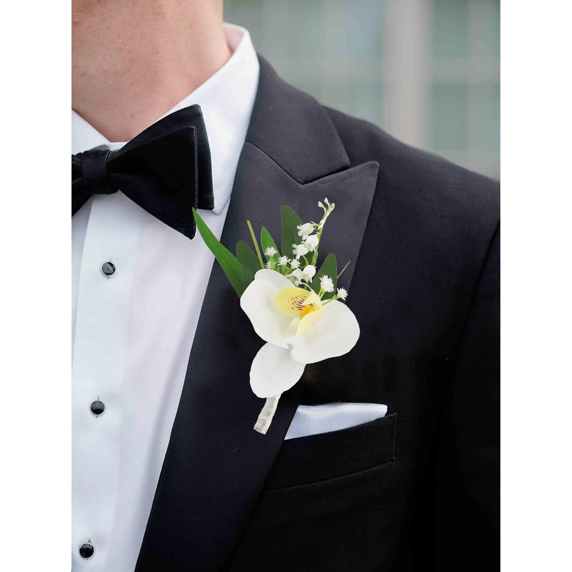 Rinlong Classy White Orchid Lapel Pin with Green Leaves, Floral Pins for Formal Attire, Wedding Decor & Festive Party Supplies, Flower Accessories