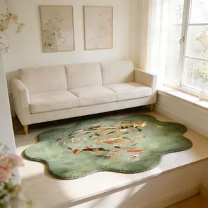 1pc Green Wabi-sabi Style Living Room Sofa Carpet Koi Creative Special-shaped Bedroom Decoration Rug Nordic Style Bedside Blue Plush Carpet Home Fluffy and Soft Bathroom Washable Non-slip Floor Mat