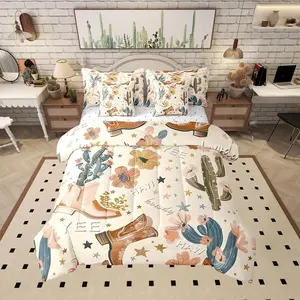 7pcs Cowgirl Comforter Set,Country Western Cowboy Boots Bedding Set with Sheets for Kids Girls Teens Room Decor,Wild West Cactus Flower Bed in a Bag Cute Cartoon Brown Bed Set