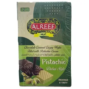 Alreef Dubai Pistachio Wafer Chocolate Box Set (12 Packs) - Imported Party Snack, Crispy Layers, Pistachio Cream-Coated Treats