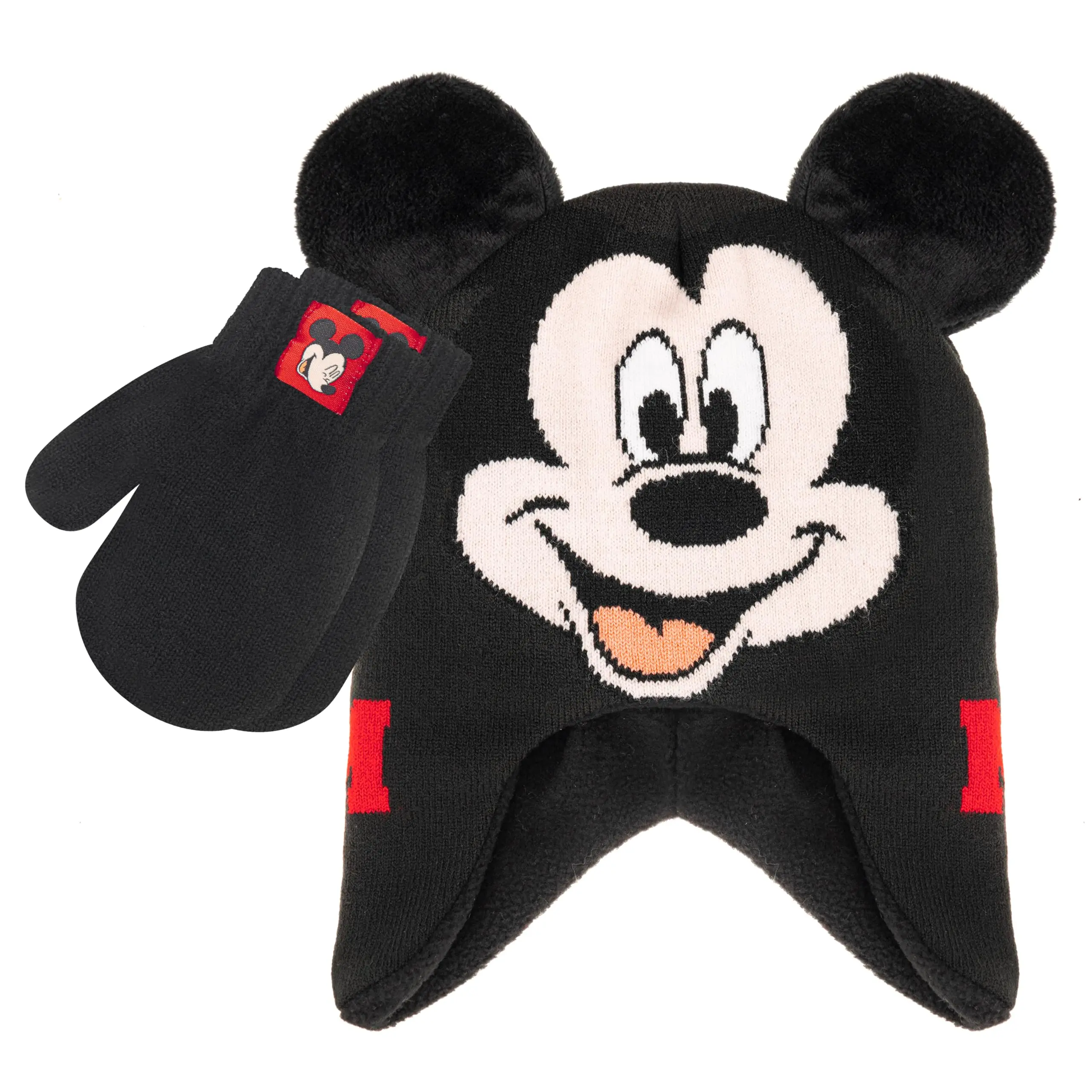 Disney Licensed Boys' & Toddlers' 2-Pc Durable Acrylic Mickey Mouse Hat & Snow Gloves Set - Warm Pom-Pom Beanie, Bright Colors Red Mittens with Graphics for School, Casual Wear, 5-13 Years