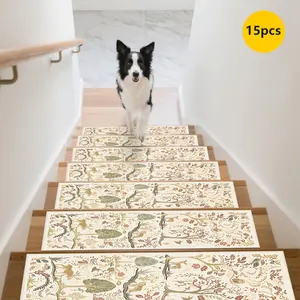 Rubber Anti-Slip Backing 15pcs Floral and Animal Pattern Runner Rug, Stair Tread Non-Slip Mats, Anti-Slip Stair Carpet, Step Protector Rug, Bordered Stair Mats for Home Decor, Indoor Room Accessories for Bedside. Suitable for Indoor/outdoor Stairs