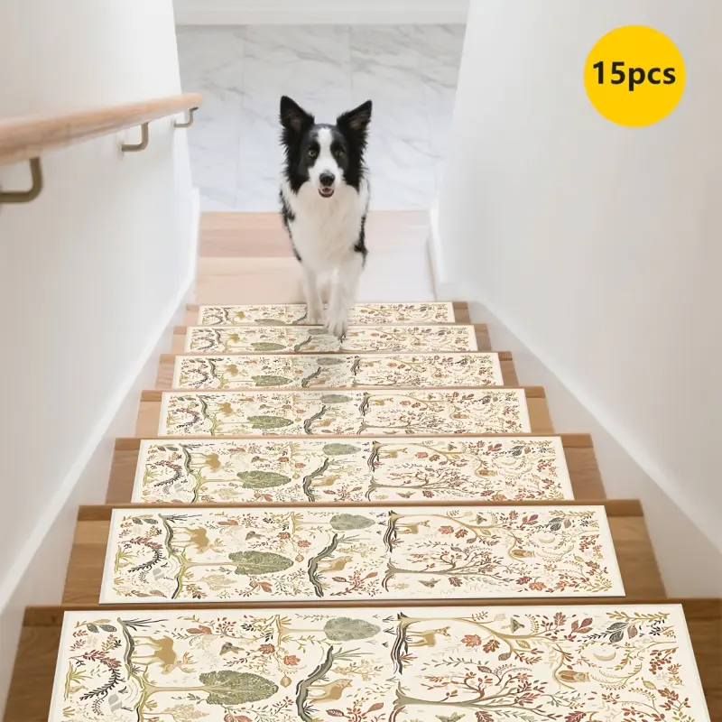 Rubber Anti-Slip Backing 15pcs Floral and Animal Pattern Runner Rug, Stair Tread Non-Slip Mats, Anti-Slip Stair Carpet, Step Protector Rug, Bordered Stair Mats for Home Decor, Indoor Room Accessories for Bedside. Suitable for Indoor/outdoor Stairs