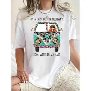 Vibrant Bohemian Graphic T Shirt for Plus Size Women Featuring Hippie Bus and Desert Scene with Dark Desert Highway Quote