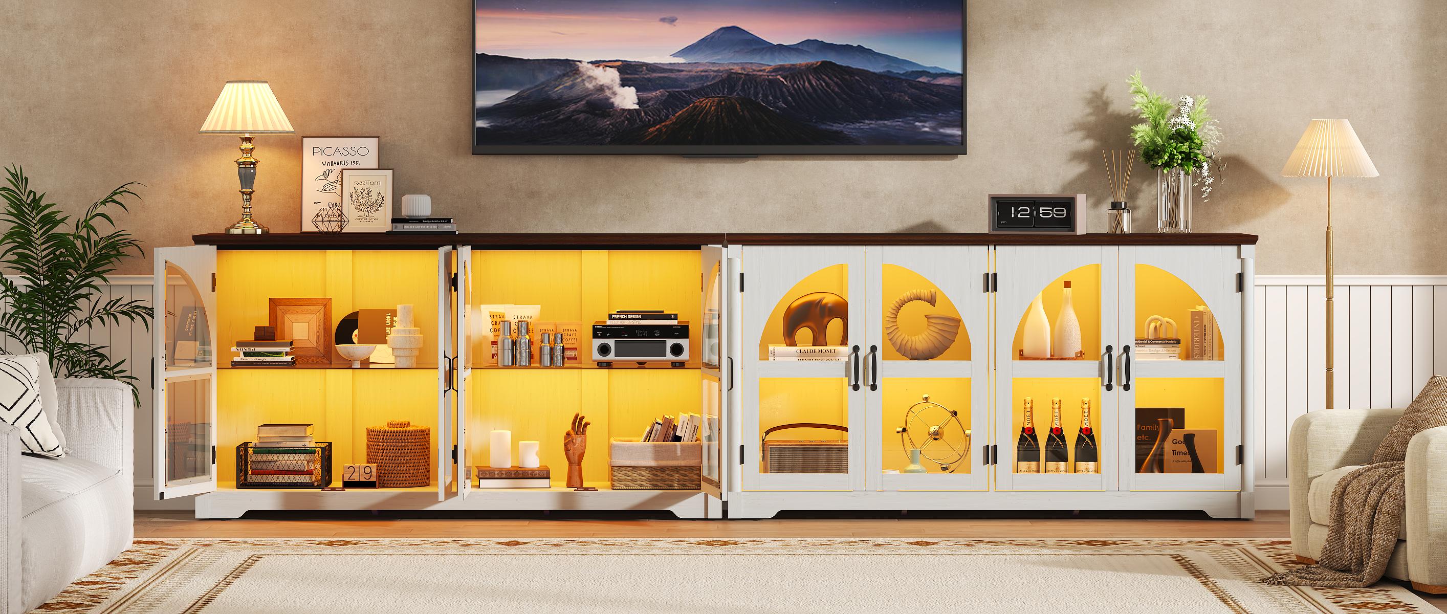 63" Modern Arched Sideboard Buffet Cabinet with LED Lights & Glass Doors, Large Storage Cabinet with Adjustable Shelves for Living Room & Kitchen