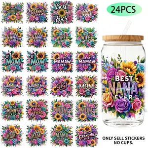 UV DTF Transfer Stickers - 24 Pieces/Set Sticker Packs Mother's Day Gift Theme UV DTF 16OZ DIY Transfer Stickers Suitable For 16 Oz Water Bottle Glass Jar Laptop Computer Home Decor DIY High Viscosity Transfer Paper