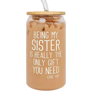 16oz Reusable Glass Cup with Straw & Straw Cleaning Brush, 1 Count Birthday Gift for Sister, Party Gift for Sister, Gift for Sister's Birthday