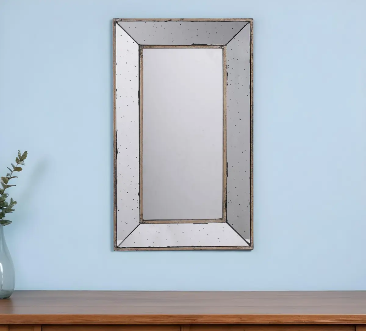 360 Stand 24 in. Silver-Framed Vintage Wall Mirror - Wood-Accented, Antiqued Finish Traditional Rectangle Home Decor Accent with Mount, Hanging, Installation Options, Glass, Decorative Wall-Mounted Mirrors, Brightness Wall-Mounted Mirrors