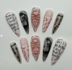 Gothic Floral Quote Press On Nails, 3D Ribcage Romantic Horror Nails, Skeleton Flower Nail Art, Creepy Cute Pink Black Key Nail Set