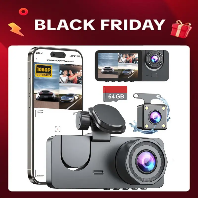 Full HD 1080P Dual Camera Dash Cam, Loop Recording and 64GB Memory Card, Car Rear View Camera, Driving Recorder, WIFI-APP, DVR，TIKTOKBLACKFRIDAY