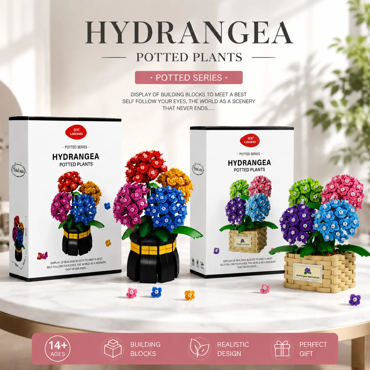 Hydrangea Building Block Flower Pot Set, DIY Botanical Bouquet Bricks & Parts, Artificial Potted Decor, Valentine's Day Perfect Gift for Home Decor