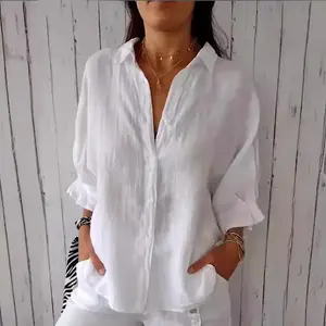 Women’s casual half-sleeve button-down shirt for summer, solid color, cotton-linen top with tie-back design; fashionable white athletic T-shirt blouse