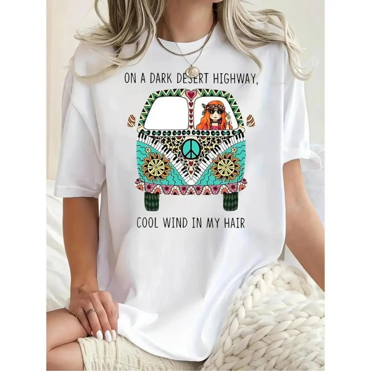 Men's Plus-Size Short-Sleeve Graphic T-Shirt - Vibrant Bohemian Hippie Bus & Desert Scene, Dark Desert Highway Quote, Breathable Soft Cotton, Machine Washable Casual Summer Tee, Breathable Tee, Graphic Print