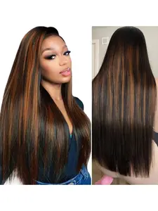 Highlight Ombre Lace Front Wig Human Hair Black Mixed Honey Blonde #1B/30 Colored Pre Plucked Bleached Knots 5X5 HD Transparent Lace Front Wigs 200% Density for Women