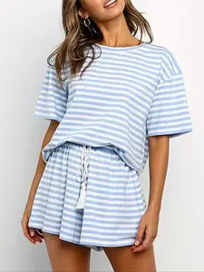 Women's Striped Print Top & Shorts Relaxed Fit Loungewear Two-piece Set, Casual Round Neck Short Sleeve Top & Drawstring Waist Shorts Pj Set, Ladies Summer Sleepwear, Striped Print Bottoms, Pastel Cute Pajamas, Pastel Pj Set