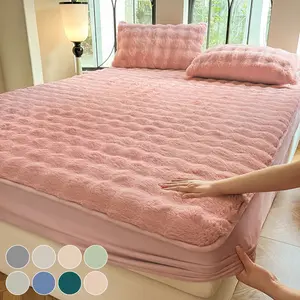 Faux Rabbit Fur Fitted Sheet Set, Ultra Soft Warm Solid Color Bedding, 3-Piece Luxury Bed Sheet Set with 1 Fitted Sheet & 1/2 Pillowcases, All Season Cozy Bedding for Bedroom Dorm Sofa, Fluffy Plush Christmas Gift, Decorative Bedsheet Sets