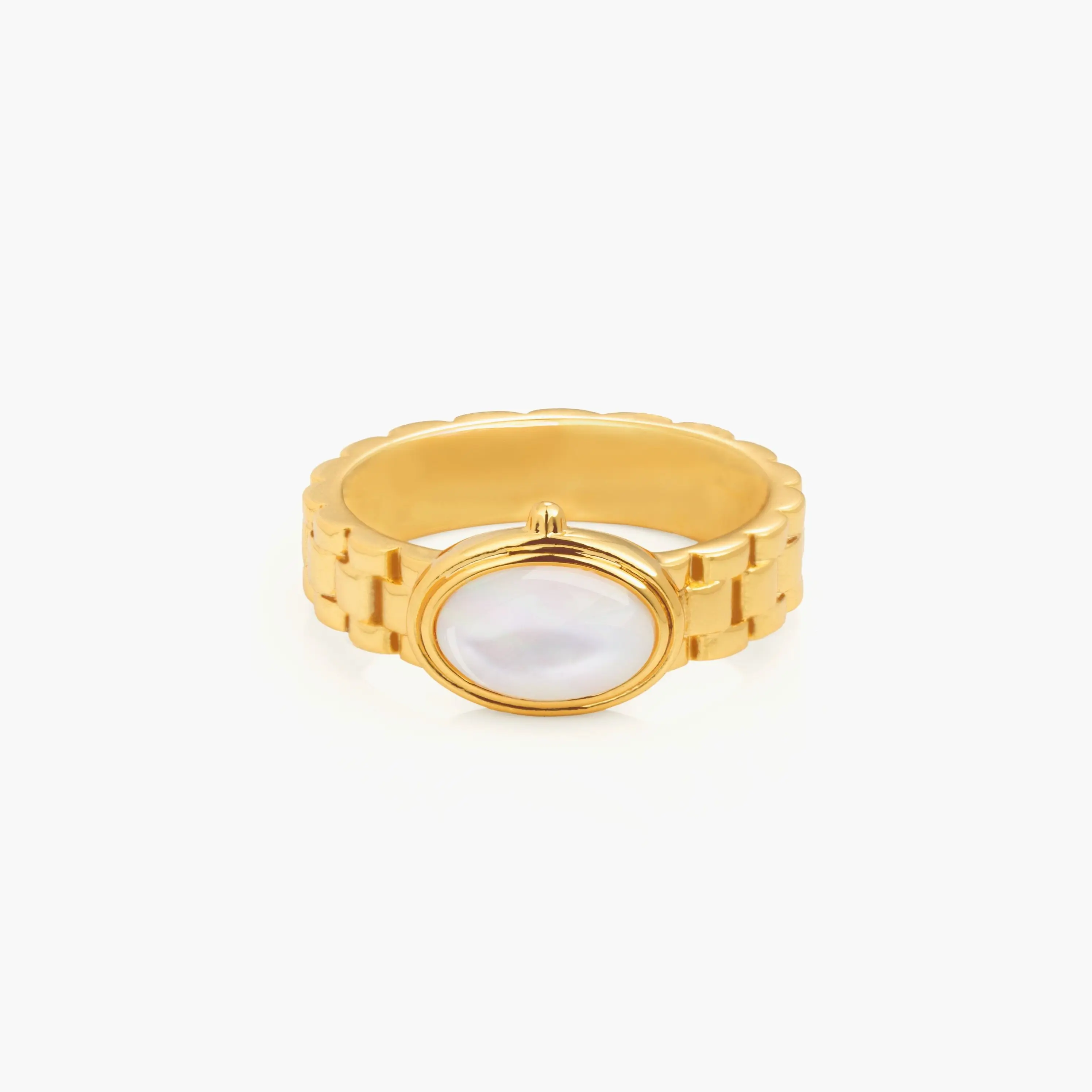 en route Watch Band Ring in Gold, Sleek Watch-Link Band Design Featuring Lustrous Mother of Pearl Inlay, Modern Statement Jewelry for Everyday Wear, Perfect for Layering or Solo Styling with Effortless Chic