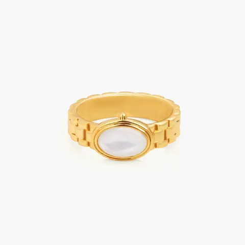 en route 18K Gold Plated Watch Band Ring in Gold, Sleek Watch-Link Band Design Featuring Lustrous Mother of Pearl Inlay, Modern Statement Jewelry for Everyday Wear, Perfect for Layering or Solo Styling with Effortless Chic