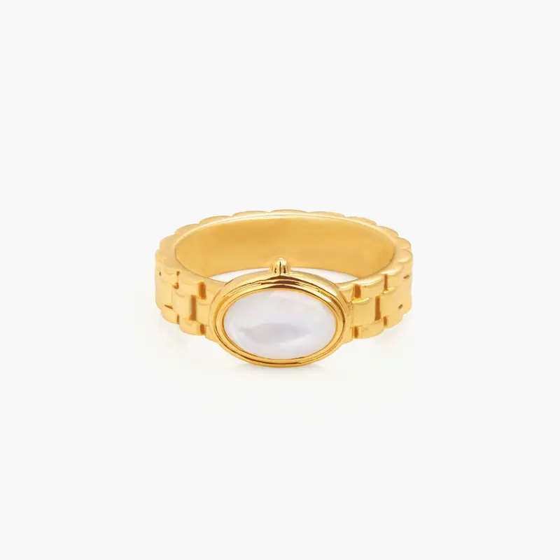 en route 18K Gold Plated Watch Band Ring in Gold, Sleek Watch-Link Band Design Featuring Lustrous Mother of Pearl Inlay, Modern Statement Jewelry for Everyday Wear, Perfect for Layering or Solo Styling with Effortless Chic