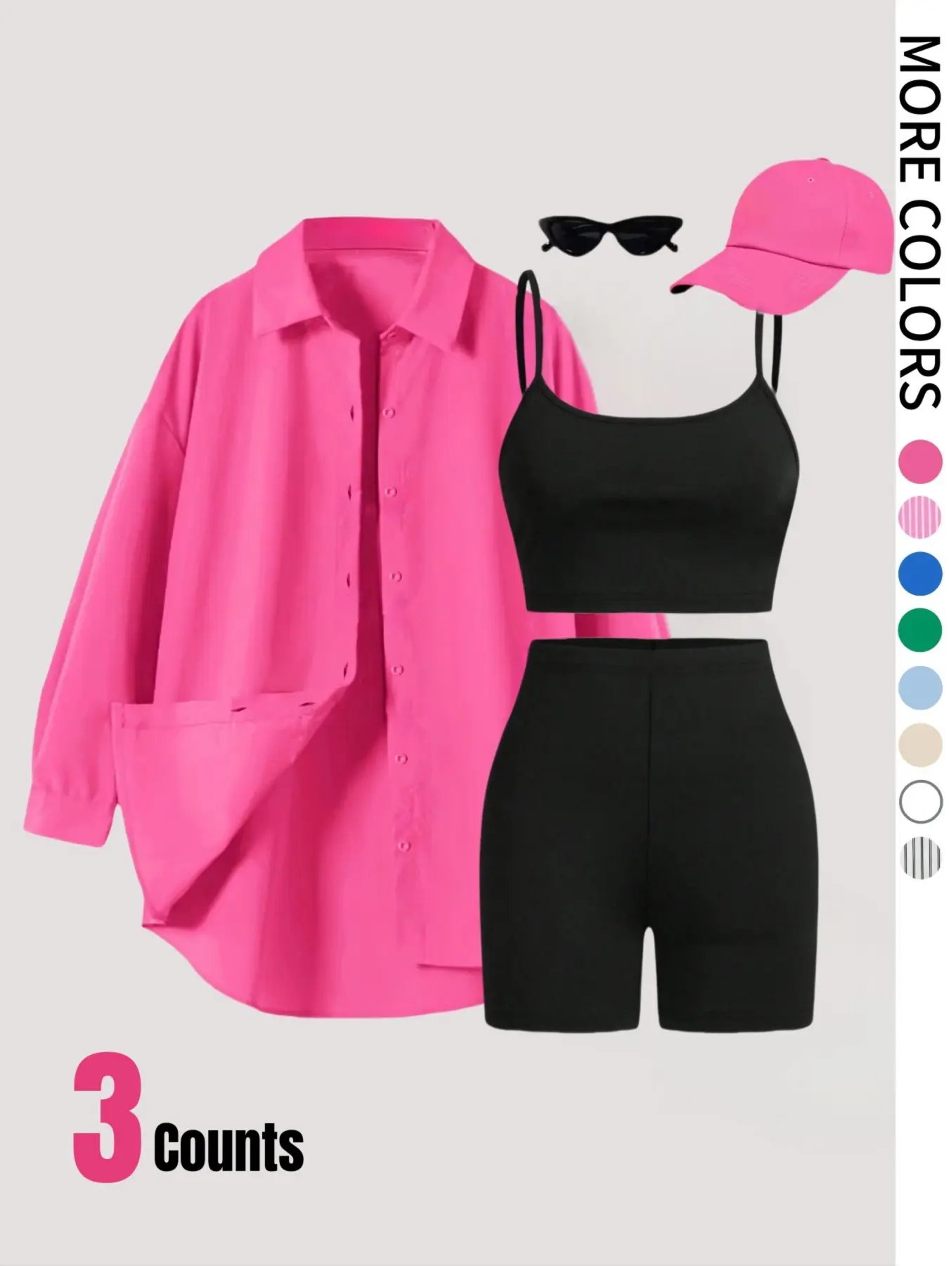 Women's Knitted Button Front Shirt & Crop Cami Top & High Waist Skinny Shorts Three-piece Set, Clothing Sets, Ladies' Summer Clothes