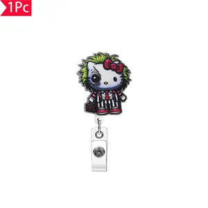 Obsessed Frankenstein-Style Hello Kitty Striped Suit Briefcase, Dark Punk Silver Color Glitter Badge Reel, Edgy Cute Ip ID Clip