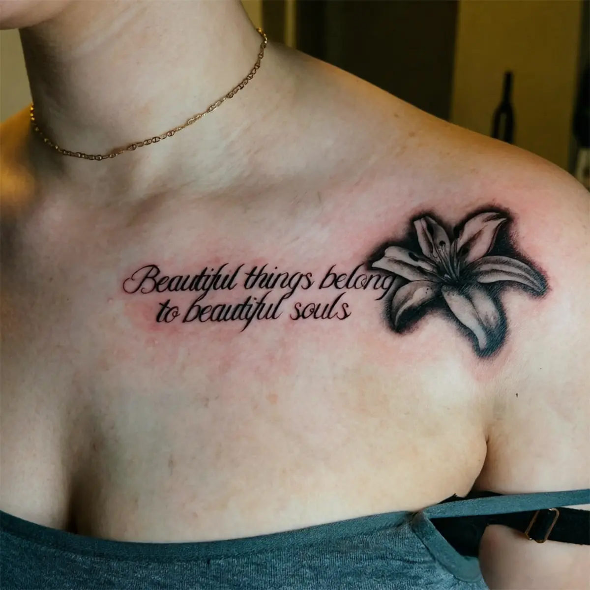 Black Grey Lily Flower Cursive Quote Temporary Tattoo Stickers - 2 Sheets Semi-Permanent Waterproof Realistic Floral Fake Tattoos, Tattoo for Women, All Skin Types Ideal for Swimming, Beach, Party