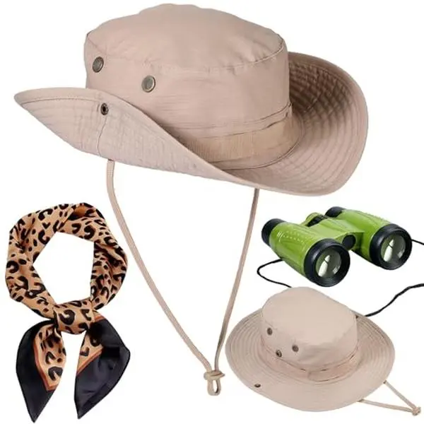 Women's 3-Pcs Cosplay Accessory Set - Cotton Breathable Outdoor Casual Drawstring Sun Bucket Hat, Leopard Scarf, Toy Binoculars for Halloween Festival Besties Group Costume Birthday Party Safari Zookeeper Explorer Look, Instant Safari Look