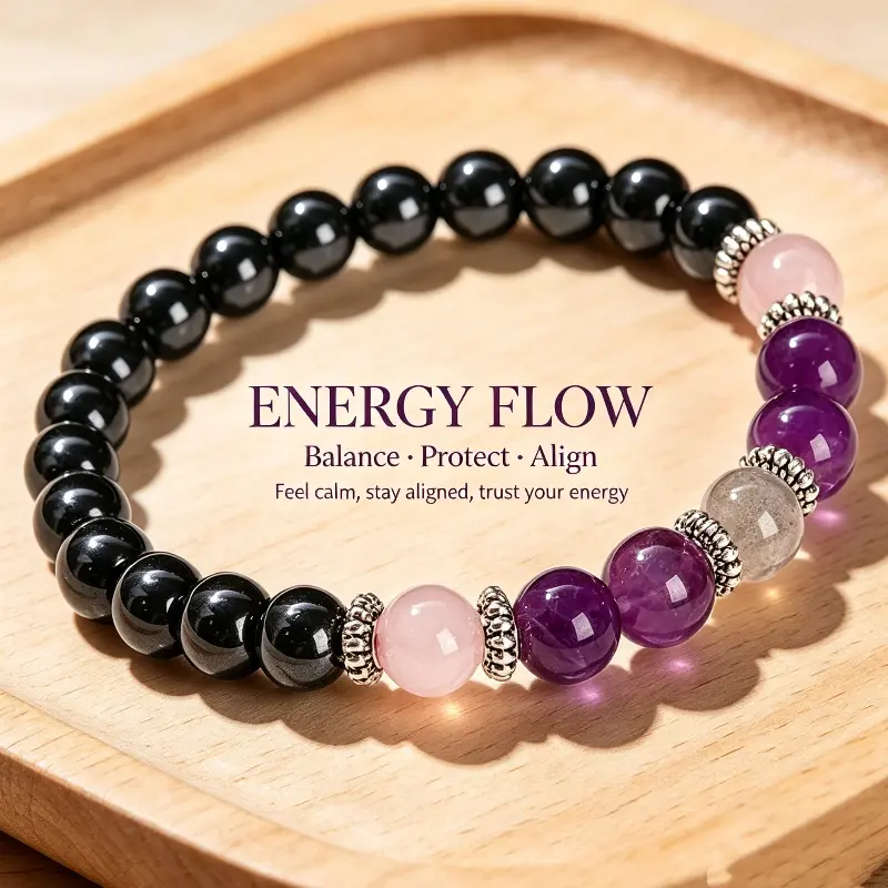 Amethyst Rose Quartz Hematite Crystal Stones Bracelet - Natural Crystal Jewelry for Stress Relief, Grounding Love, Protection, Daily Wear & Meditation Gift