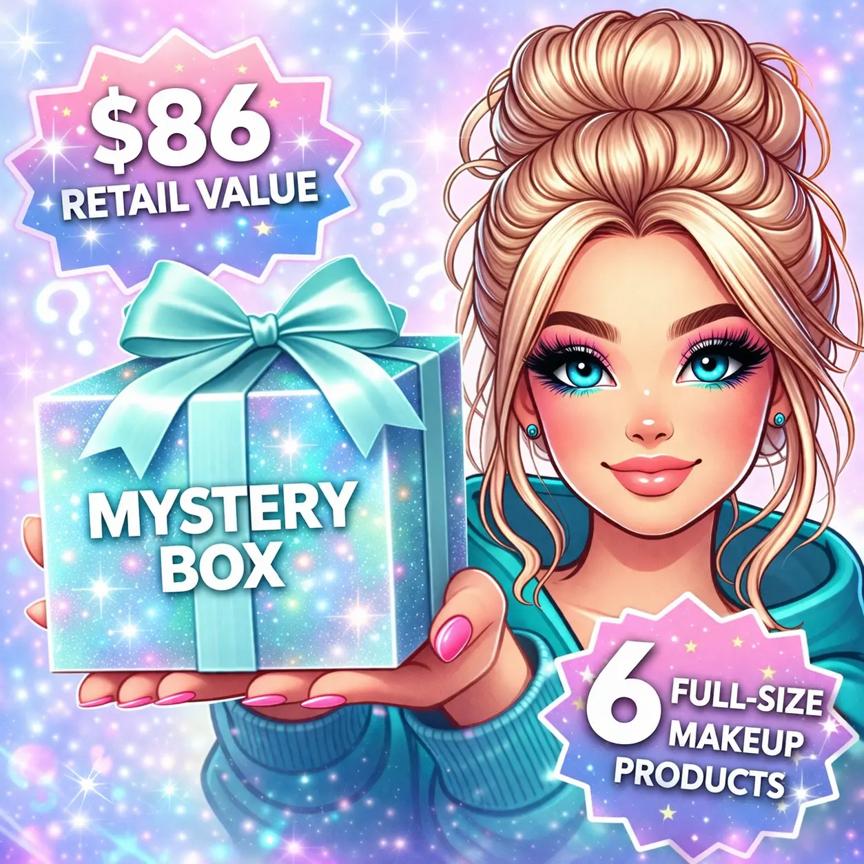 Mateo Beauty Mystery Box, 6-Piece Full-Size Makeup Set with Multichrome Eyeshadows in Acrylic Case, Primer & Lip Oil - Gifts for Makeup Lovers, Lipgloss, Eyeshadow Base, Full Set, High Impact, Complete Makeup Kit, Makeup Products