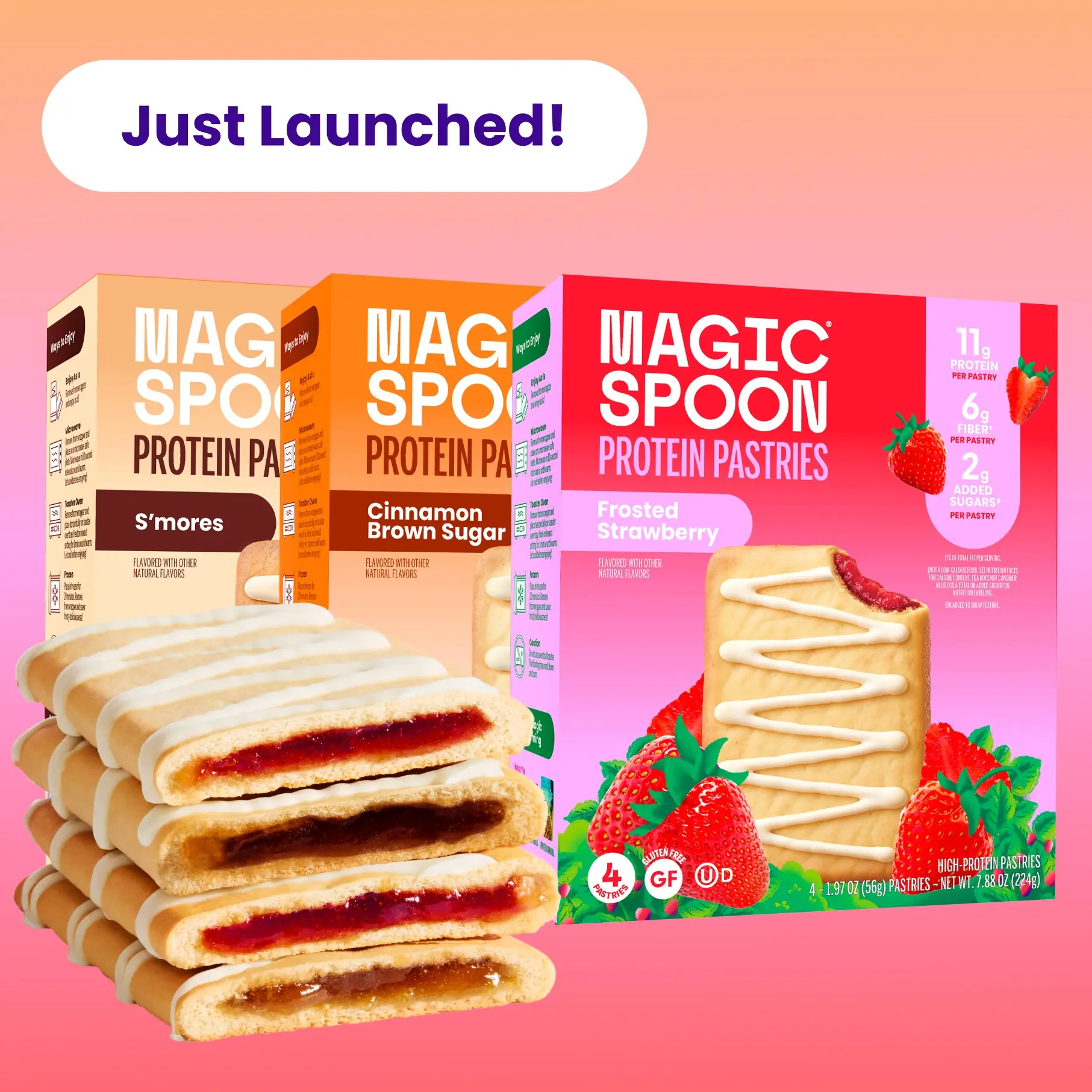 Magic Spoon Protein Pastries Bundles, 3-Boxes, 12 Pastries (Frosted Strawberry, Cinnamon Brown Sugar, S’mores), High Protein, Low Sugar, High Fiber, Soft-Baked Snack or Protein Bars Cookie Dairy Free