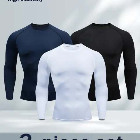 Men's 3-Pack Slim Tight Long Sleeve Lightweight UV-Protective Athletic T Shirt - Breathable Cooling Moisture-Wicking Quick-Dry Relief Sweat-Free Sport Tee Activewear for Fitness, Biking (Father's Day Gift, Fitness Equipment Inclusion)