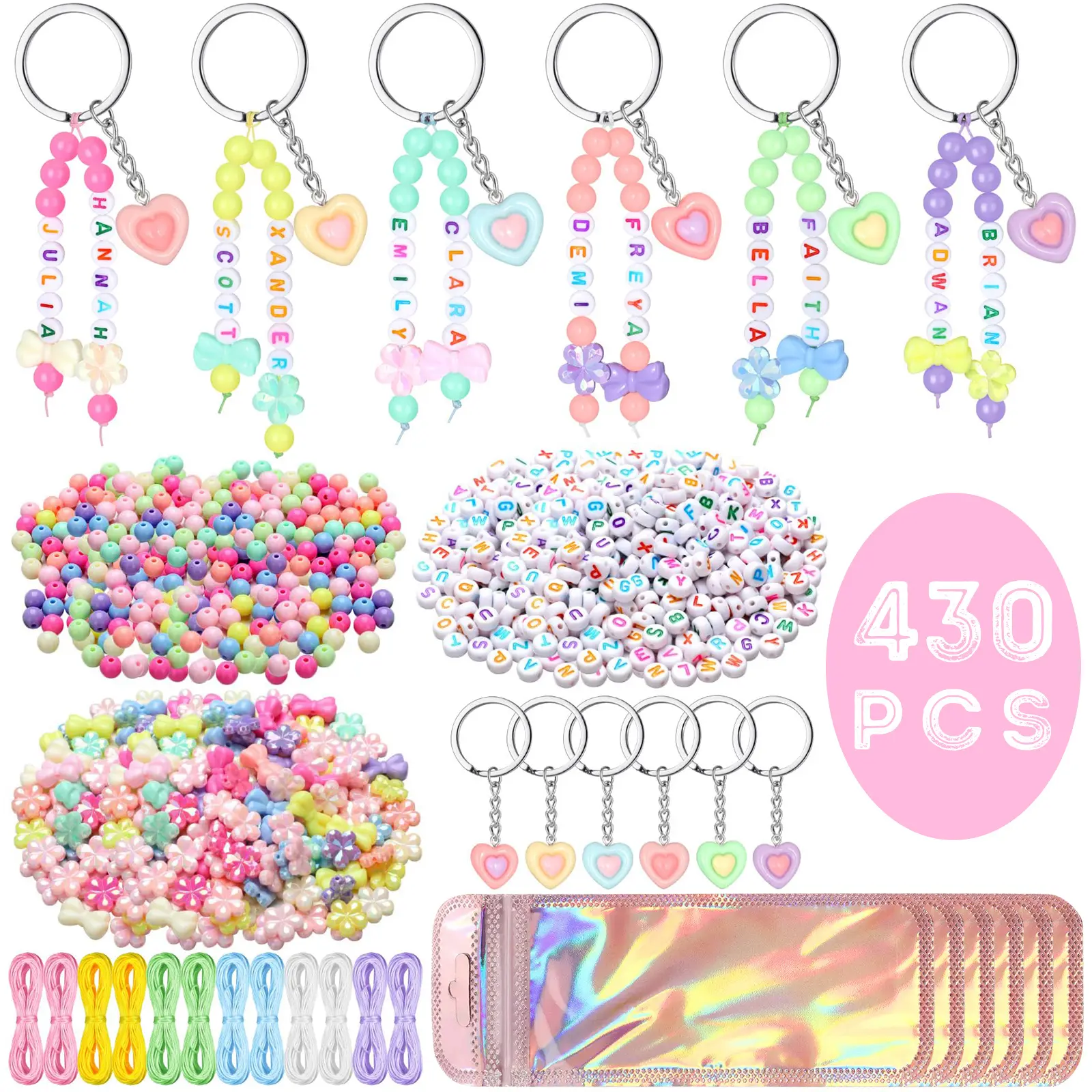 430-Piece Kawaii Pastel DIY Bead Keychains Kit - Bow Design, Heart-Shaped Decorative Charms Keychains, Customizable Beads, Jewelry Making Supplies, Kawaii Accessories for Backpack Decor, Gift Option