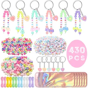 430pcs Bow Heart Keychain Making Kit DIY Mother's Day Bead Key Chain Craft Adjustable Name Beads String Mom Gift Easter Pastel Jewelry Backpack Accessories Holiday Party Favor(Candy Color)